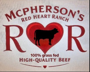 McPherson's Red Heart Ranch sign — R heart R, 100% grass fed, high-quality beef
